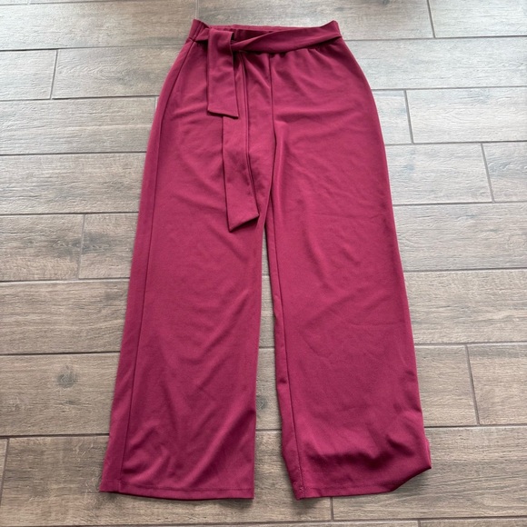 Maroon High-Waisted Wide Leg Jumpsuit with Tie Belt - Picture 1 of 4